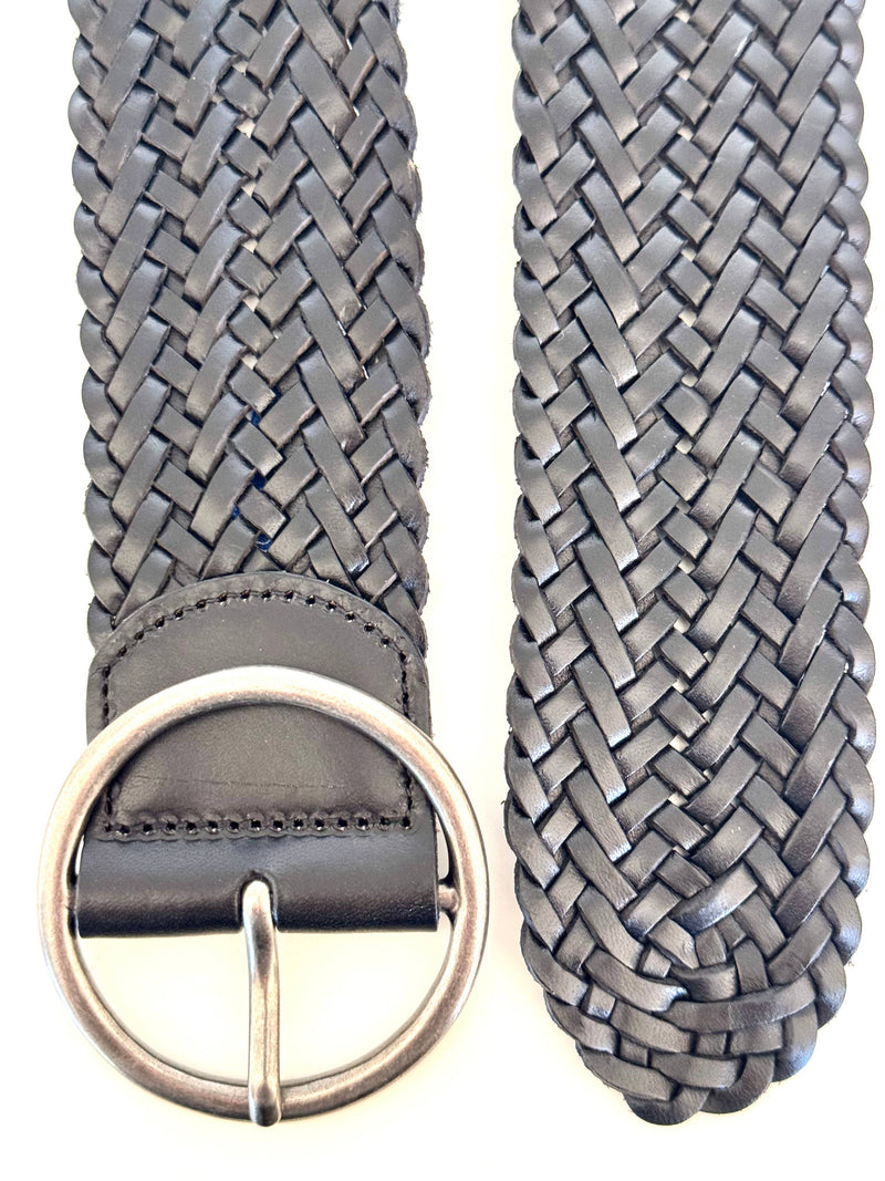 Ginger Blue - Classic Wide Braided Leather Belt in Black