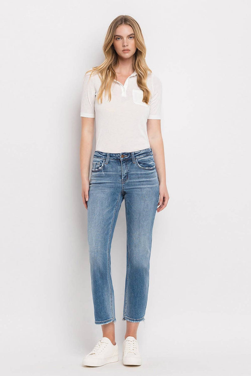 Flying Monkey Stately Jean: Mid Rise, Straight Leg, Uneven hem detail front raw and back finished