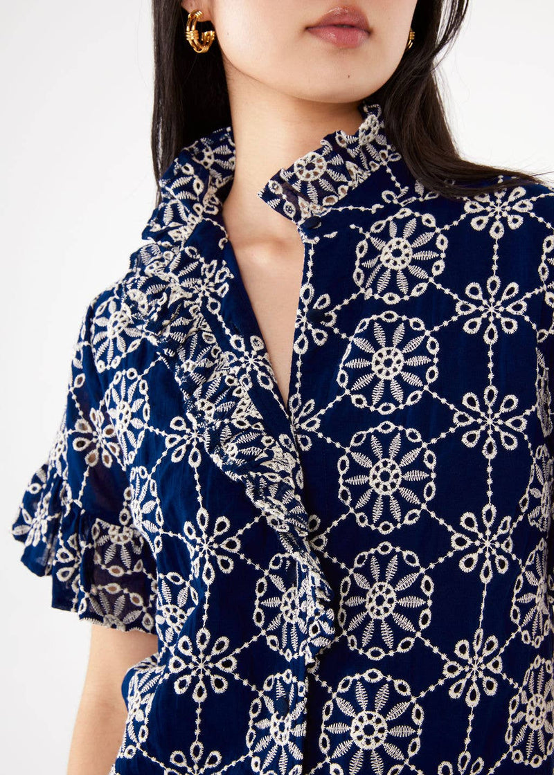 Abbey Glass: Sadie Medallion Print Top in Navy