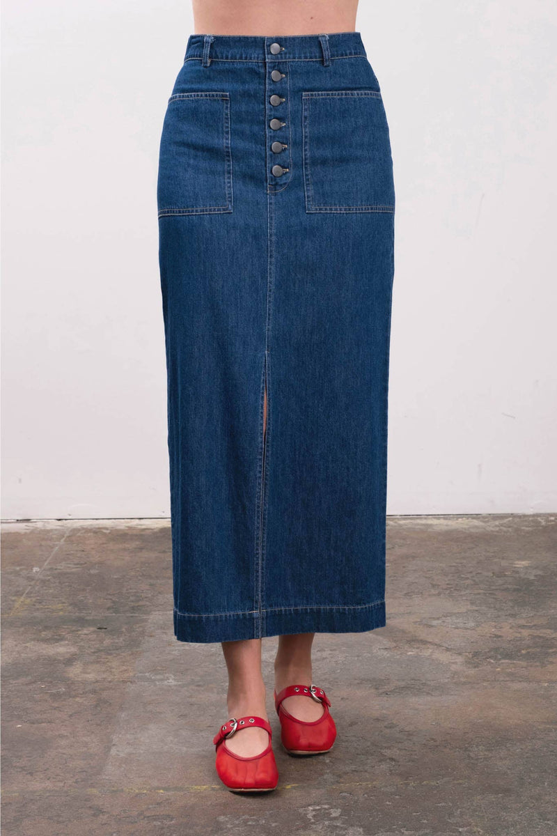 Moon River - DENIM BUTTON FRONT DETAIL MIDI SKIRT: DENIM