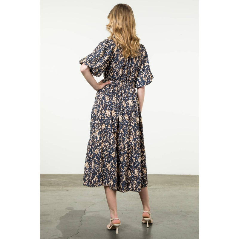 THML - Puff Sleeve Print Tiered Maxi Dress: NAVY