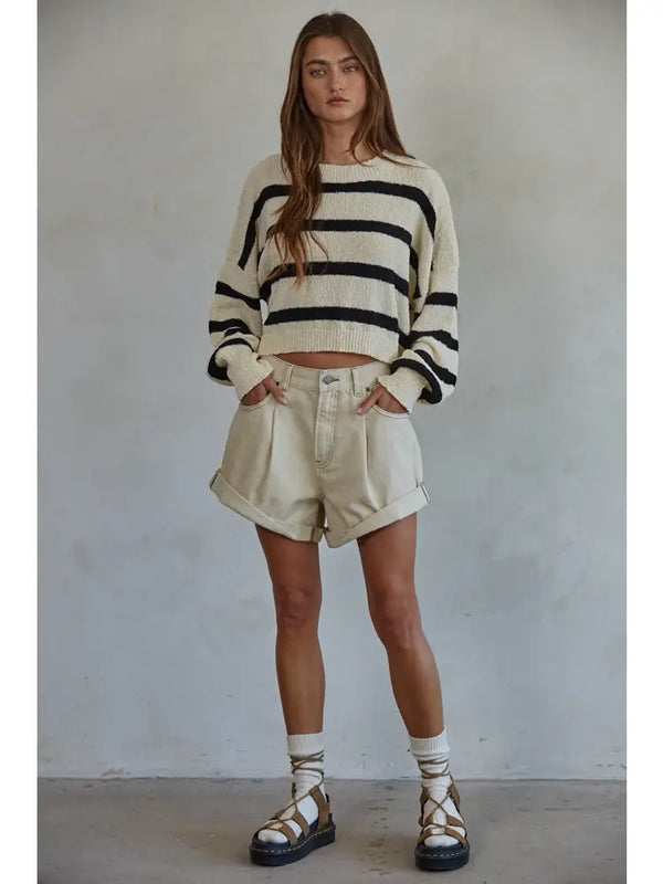 By Together: Striped Crewneck Knit Sweater in Natural & Black