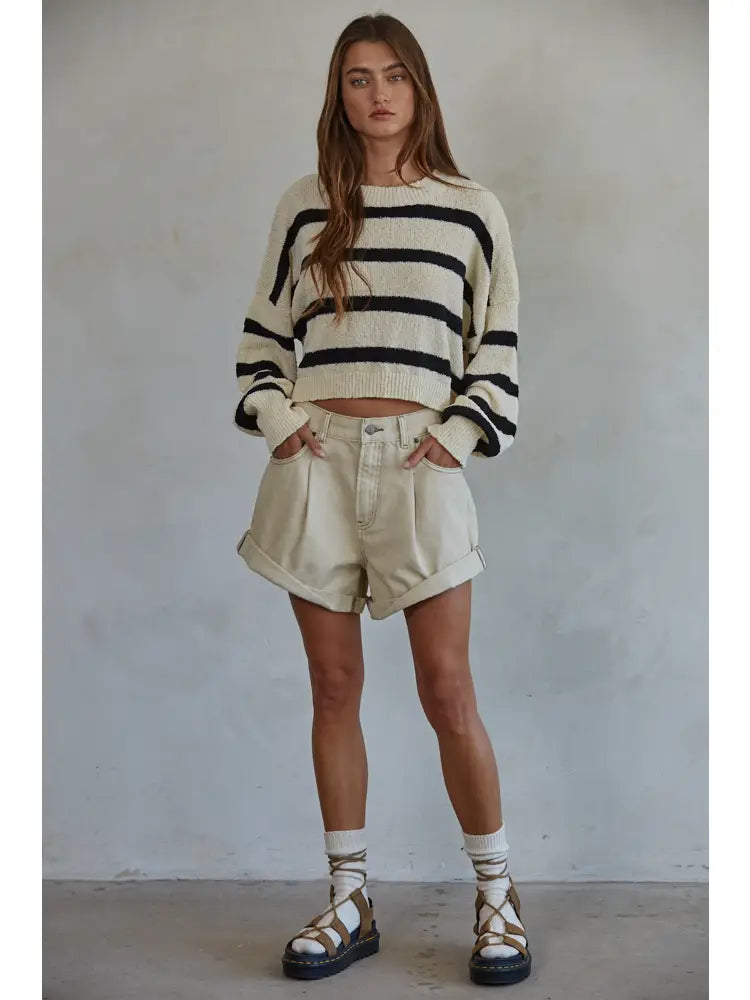 By Together: Striped Crewneck Knit Sweater in Natural & Black