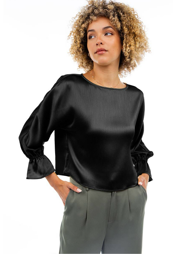 Naked Zebra - Boat Neck Blouse With Gathered Cuff Sleeves: Black