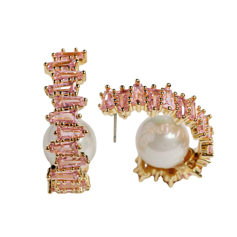 St Armands Designs of Sarasota - Pink Rhinestone and Pearl Statement Hoop Earrings