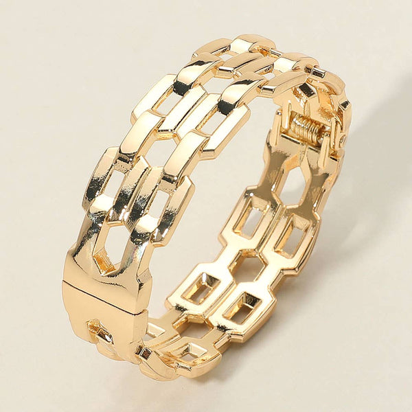 Sensibling Corp: Chunky Flat Link Chain Hinged Bangle Bracelet in Gold