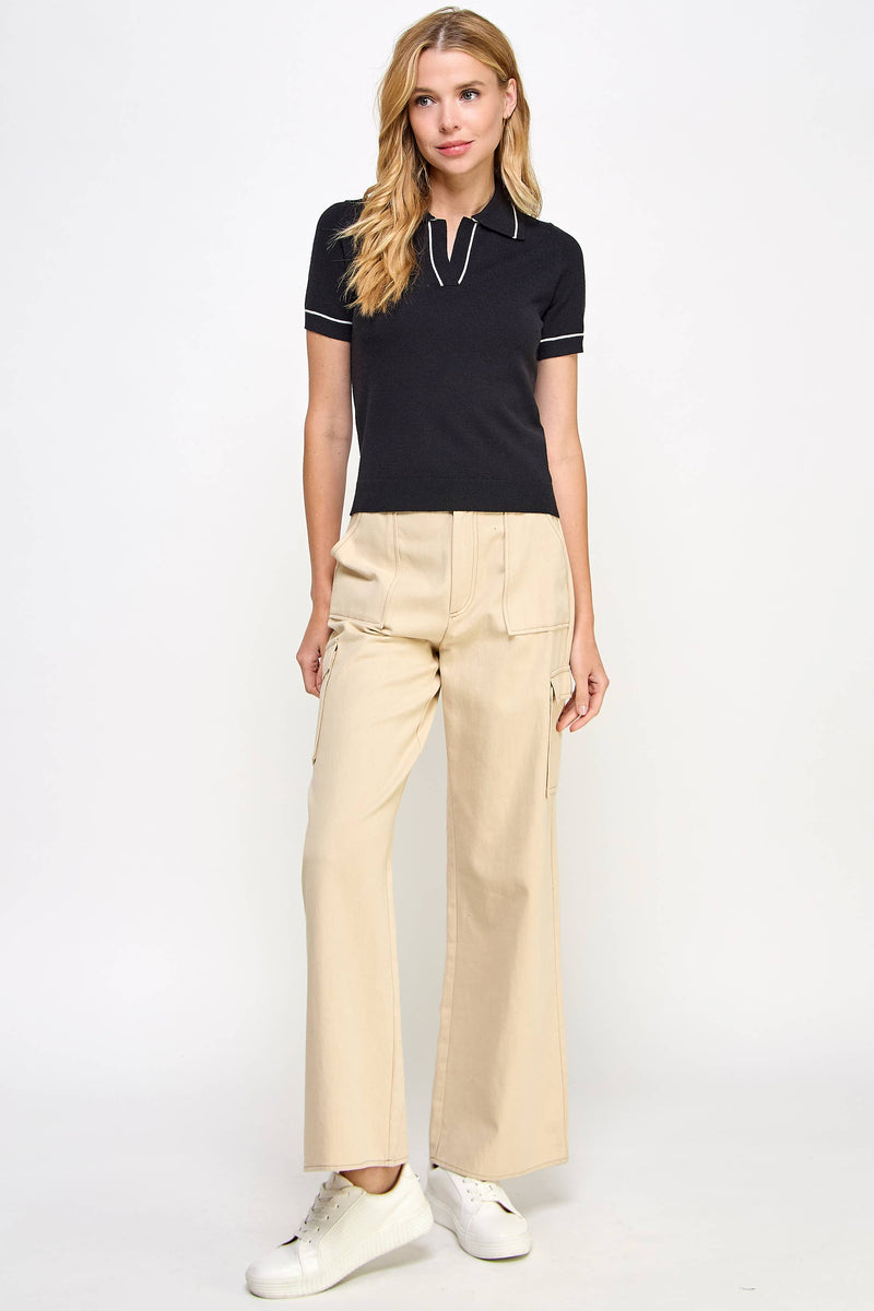 Ellison Contrasting Trim Knit Polo: Black