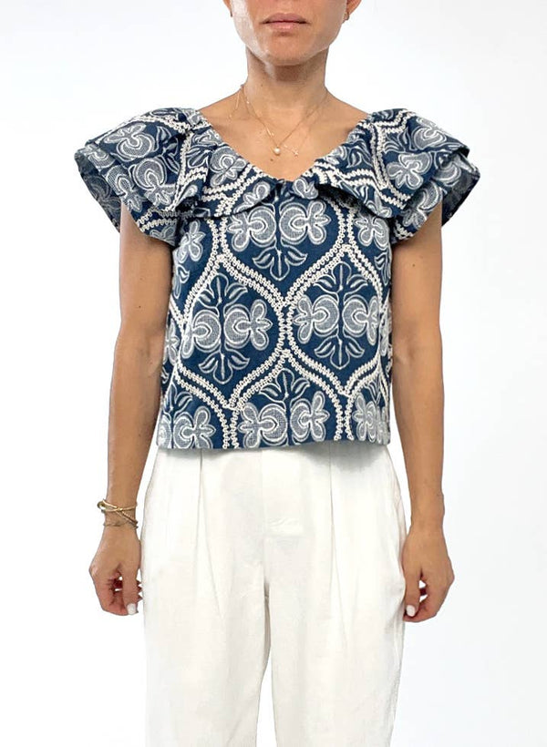 Greylin - Minnie Embroidered Ruffled Top: Blue