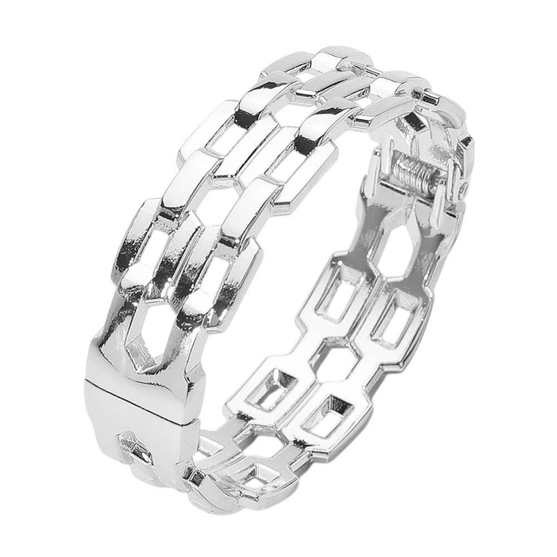Sensibling Corp: Chunky Flat Link Chain Hinged Bangle Bracelet in Silver/Rhodium