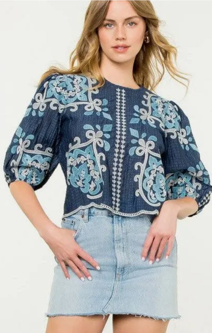 THML Short Sleeve embroidered textured top in navy