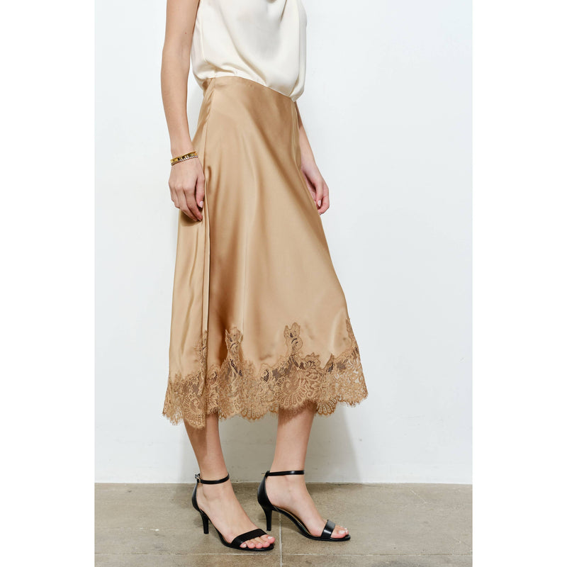 INA - Classic Silky with Lace Hem Midi Skirt: WINE