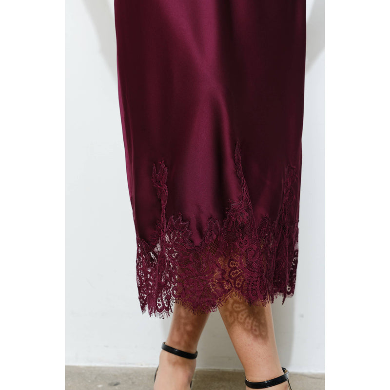 INA - Classic Silky with Lace Hem Midi Skirt: WINE