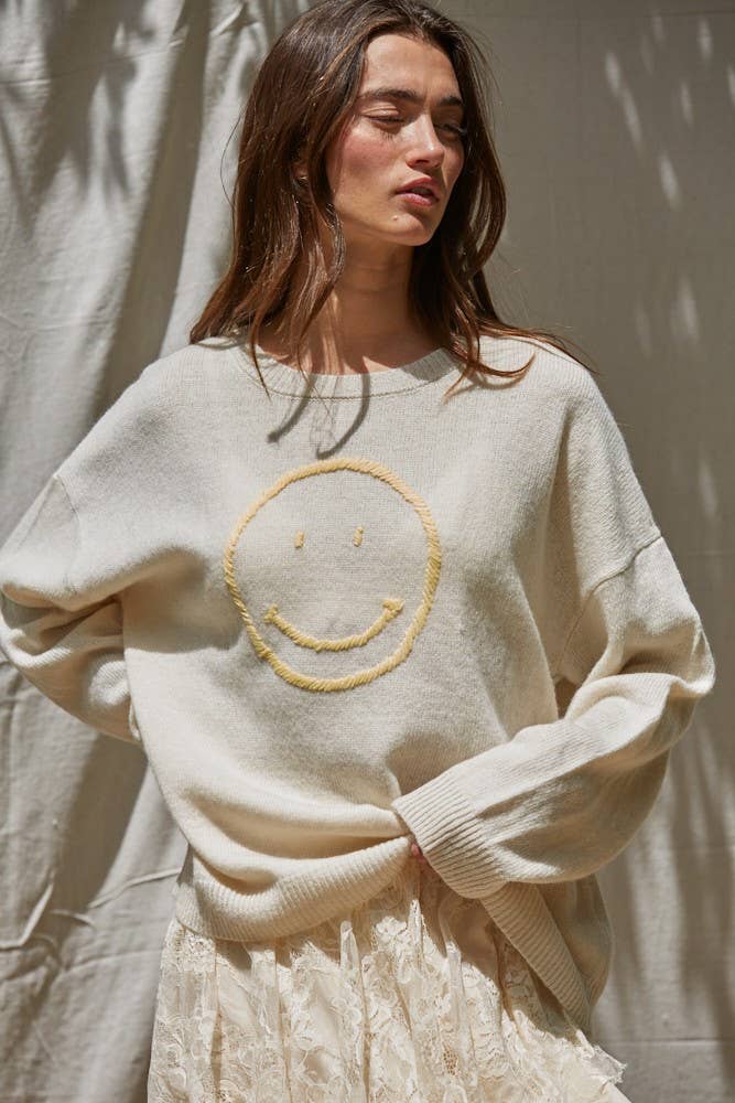 By Together: Knit Sweater Smiley Face in Light Blue