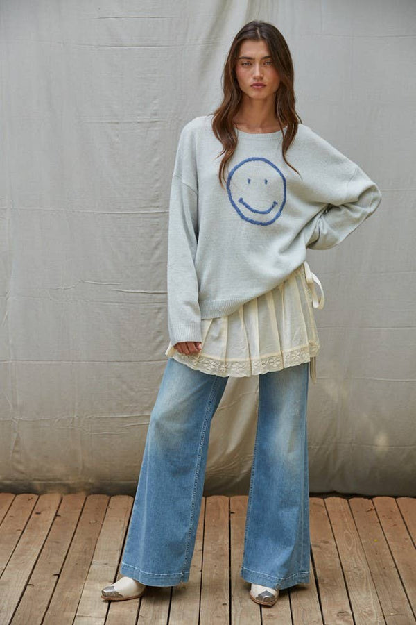 By Together: Knit Sweater Smiley Face in Light Blue