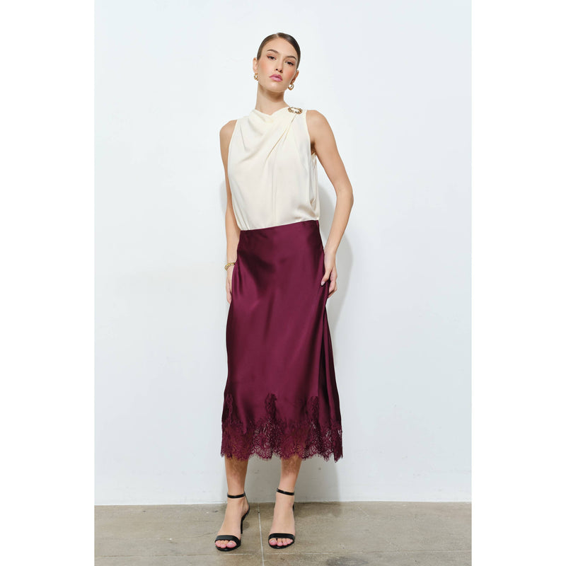 INA - Classic Silky with Lace Hem Midi Skirt: WINE