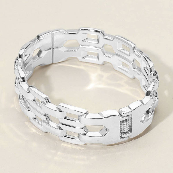 Sensibling Corp: Chunky Flat Link Chain Hinged Bangle Bracelet in Silver/Rhodium