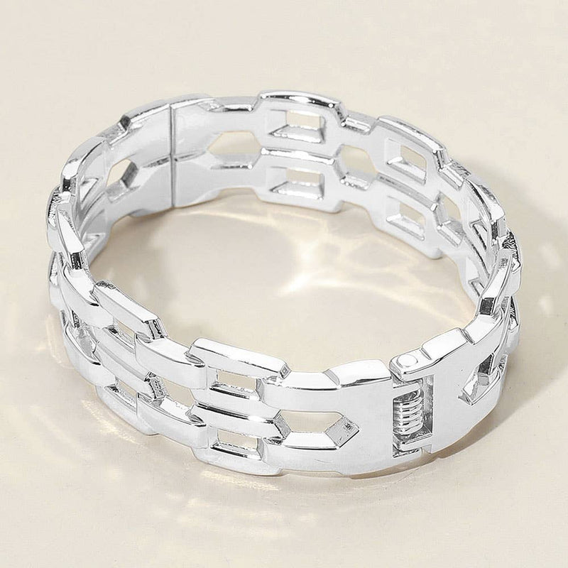Sensibling Corp: Chunky Flat Link Chain Hinged Bangle Bracelet in Silver/Rhodium