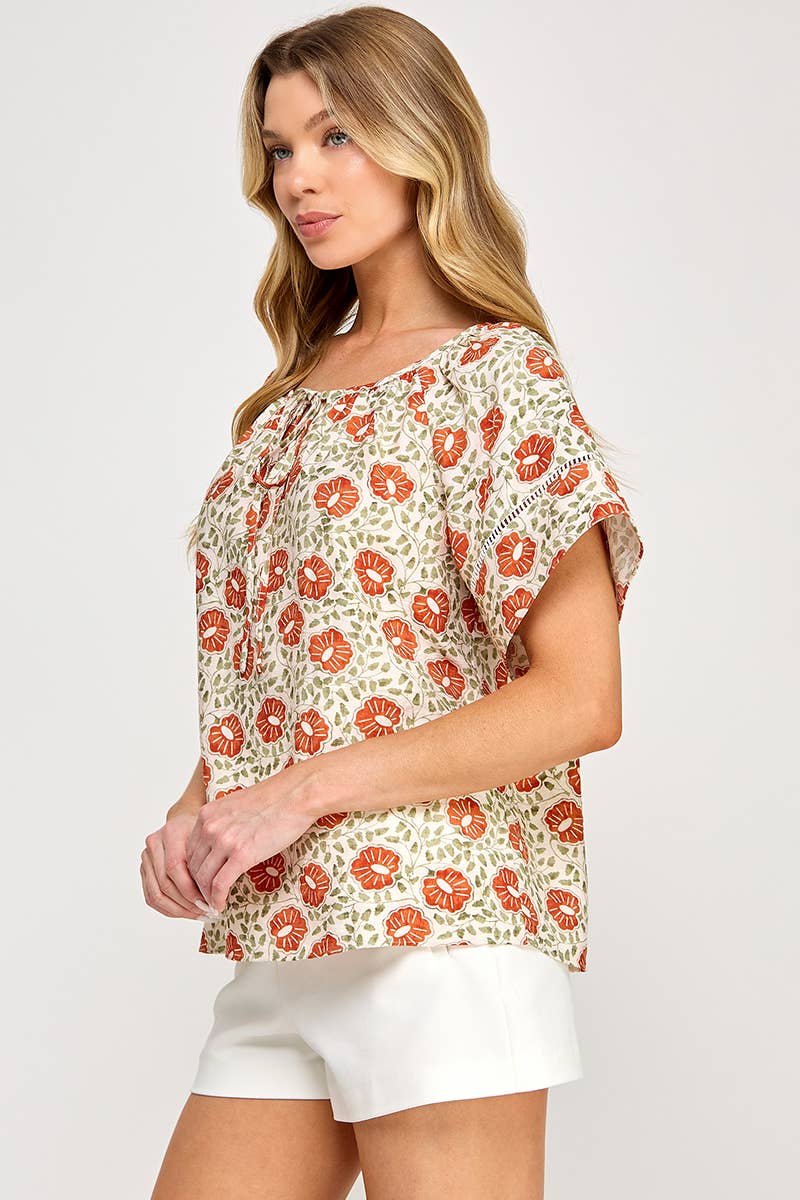 Ellison Round Neck Peasant Blouse: Cream