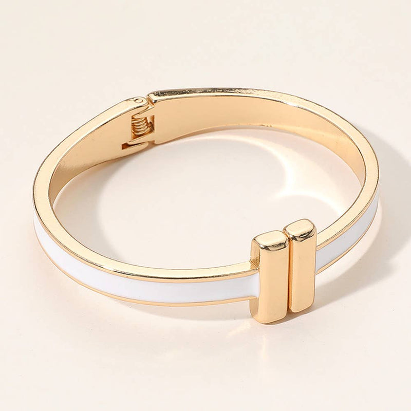 Sensibling Corp: Metal Bar Tip Enamel Hinged Bangle Bracelet in Black