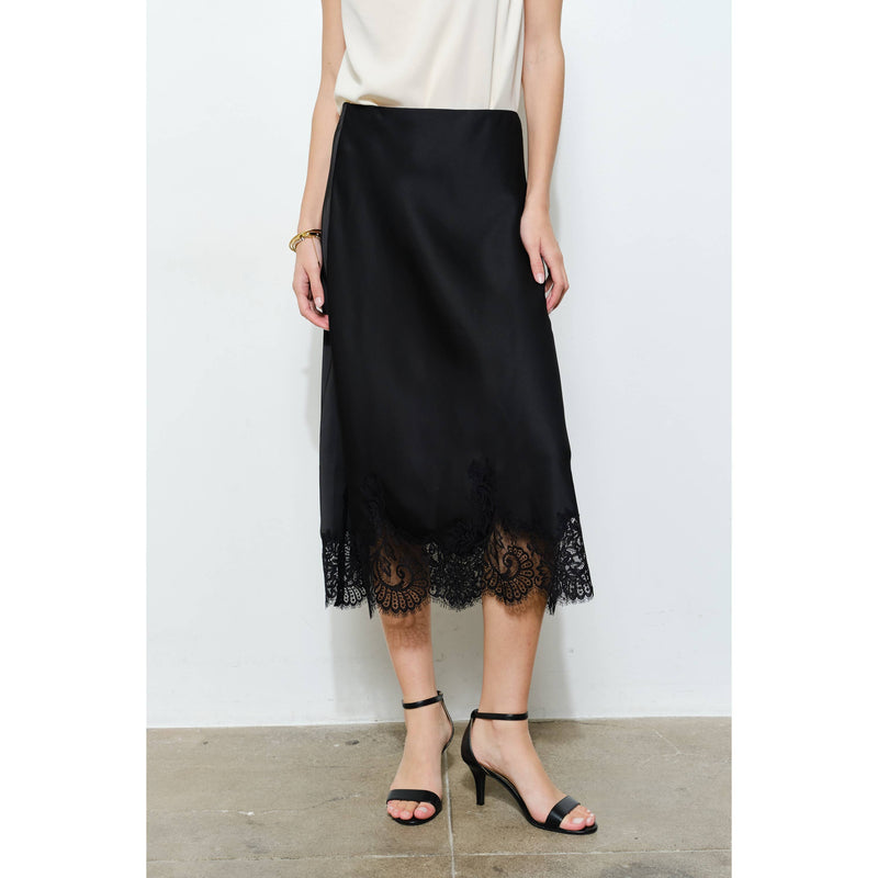 INA - Classic Silky with Lace Hem Midi Skirt: WINE