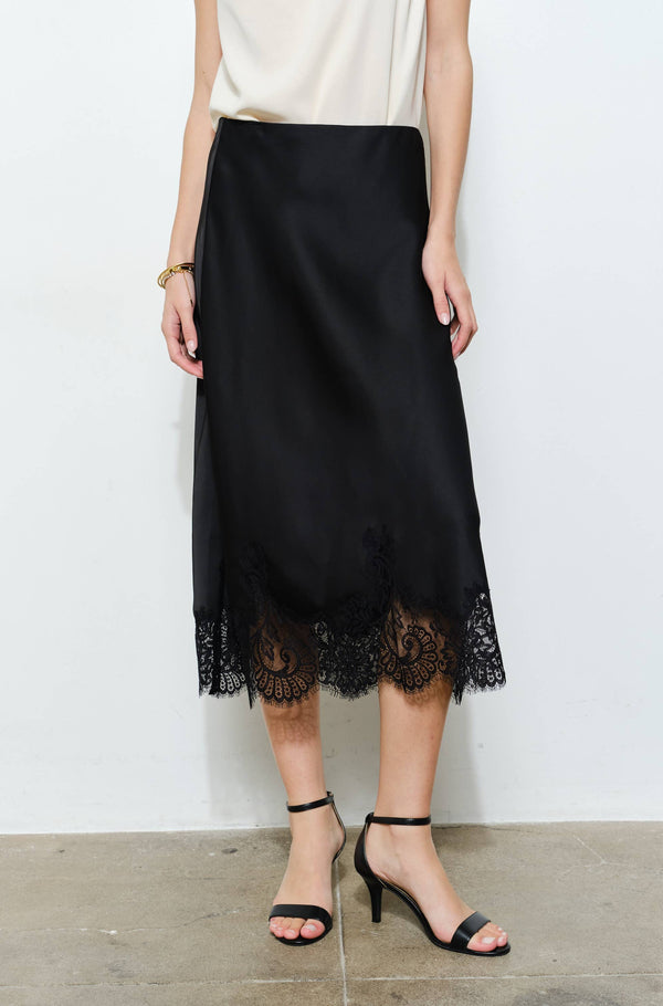 INA: Classic Silky with Lace Hem Midi Skirt in Black