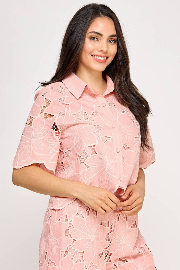 Ellison Floral Lace Blouse: Blush