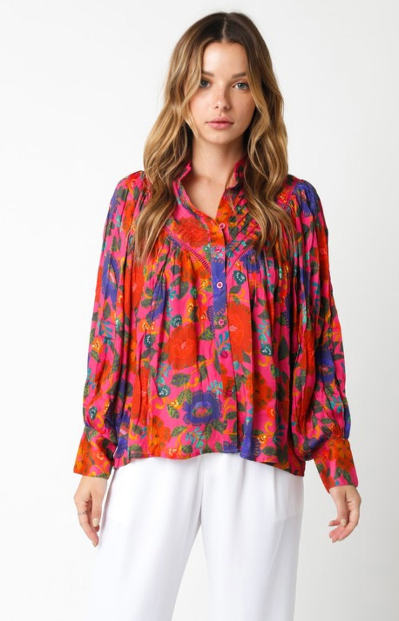 OLIVACEOUS - fushia floral blouse
