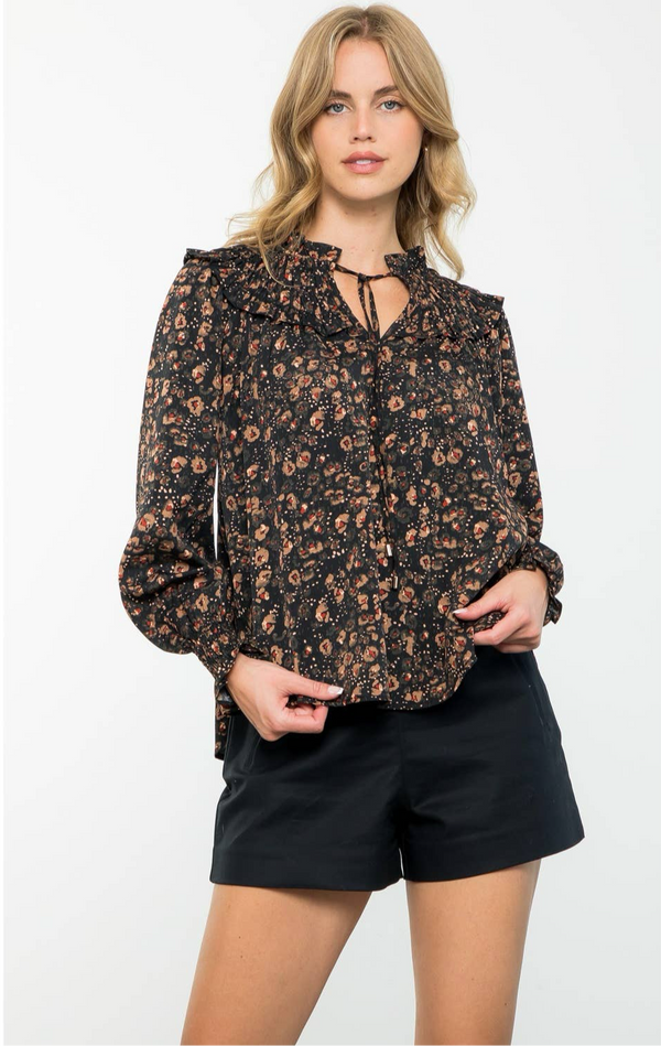 THML - Smocked Detail Long Sleeve Print Top: BLACK