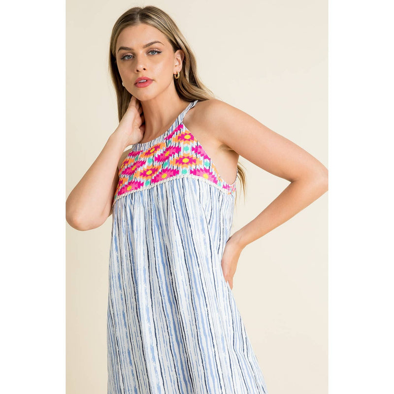 THML - Stripe Embroidered Halter Dress: