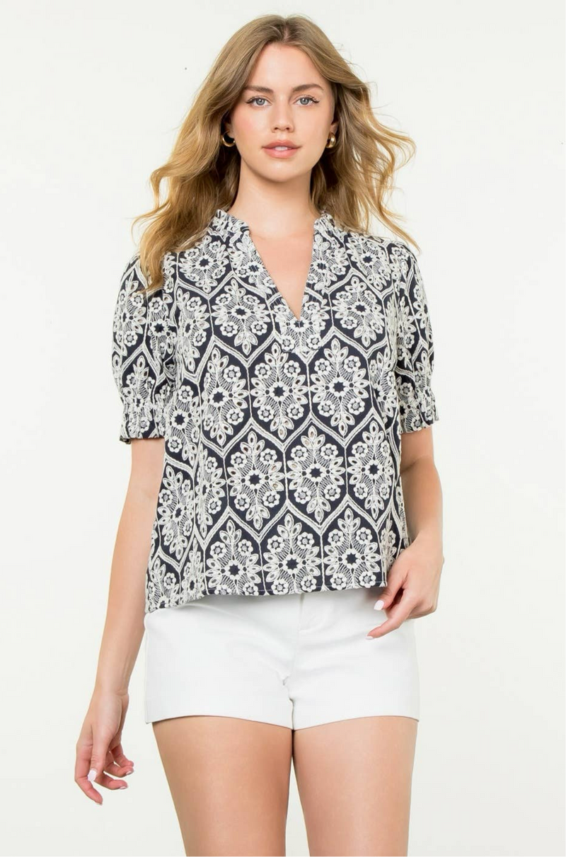 THML - Short Sleeve Eyelet Detail Top: NAVY / XS-S-M-L(1-2-2-1)