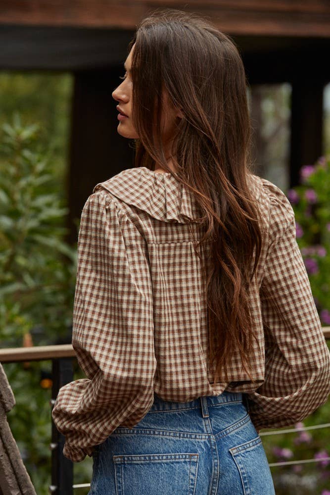 By Together: Woven Cotton Gingham Ruffled Blouse