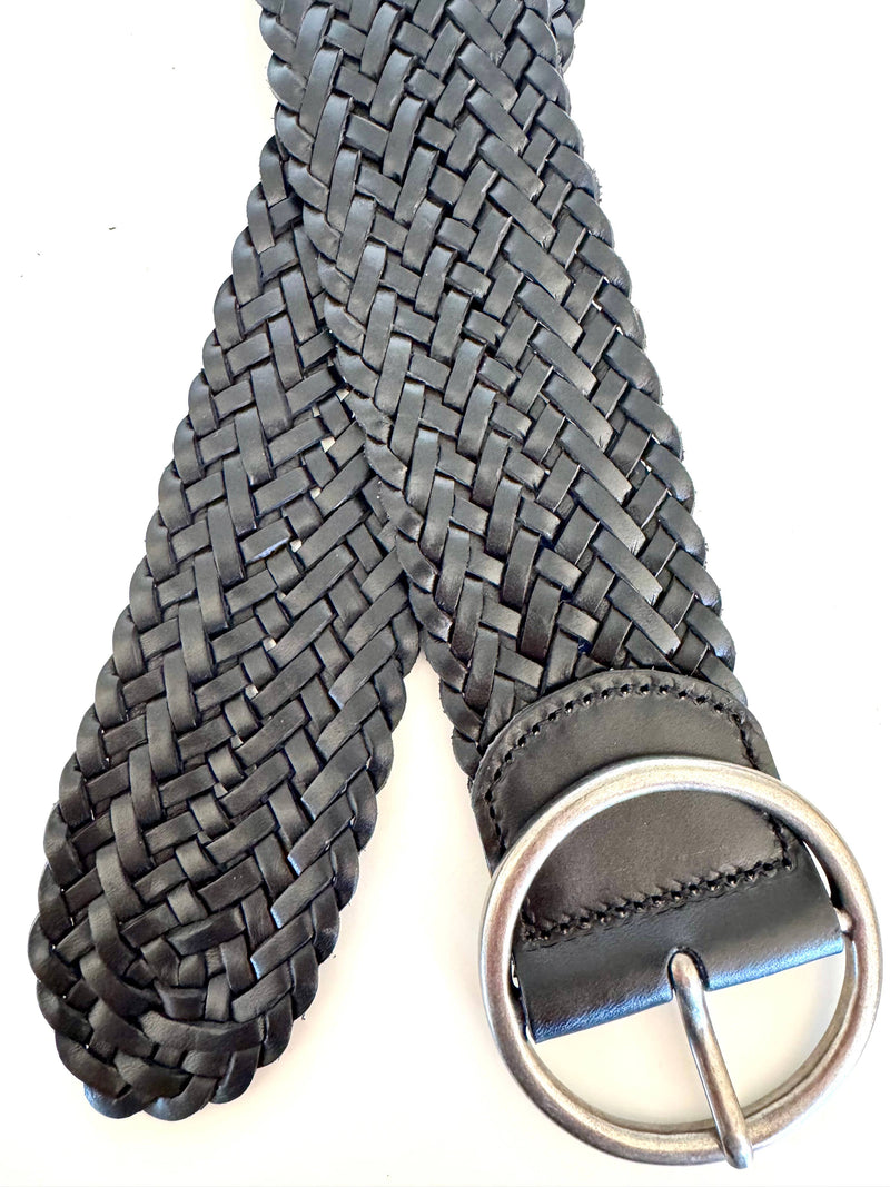Ginger Blue - Classic Wide Braided Leather Belt in Black