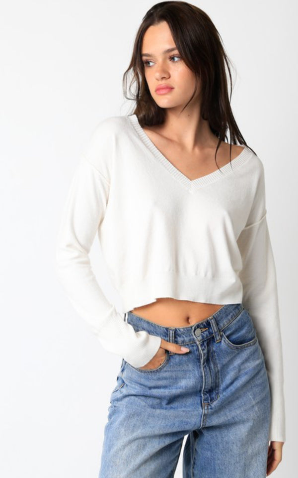 OLIVACEOUS OFF WHITE VNECK SWEATER