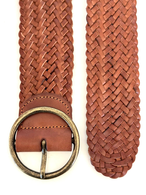 Ginger Blue - Classic Wide Braided Leather Belt in Cognac
