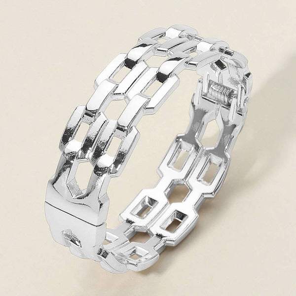 Sensibling Corp: Chunky Flat Link Chain Hinged Bangle Bracelet in Silver/Rhodium