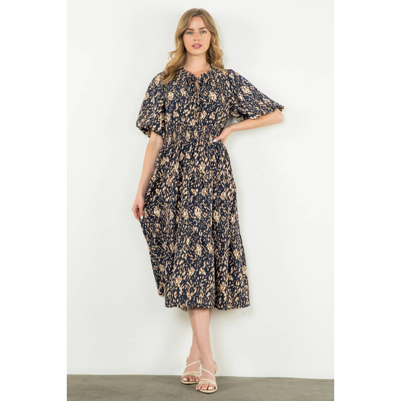 THML - Puff Sleeve Print Tiered Maxi Dress: NAVY