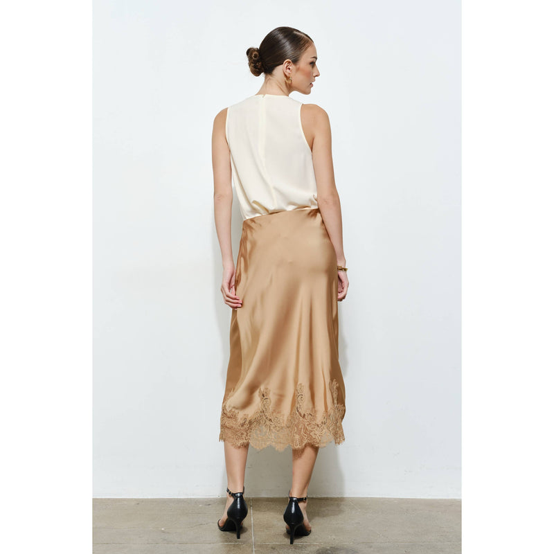 INA - Classic Silky with Lace Hem Midi Skirt: WINE