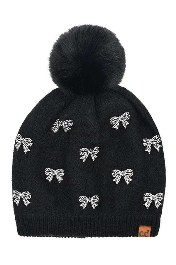 Hana: C.C. Pom Pom Beanie With Rhinestone Bows in Black