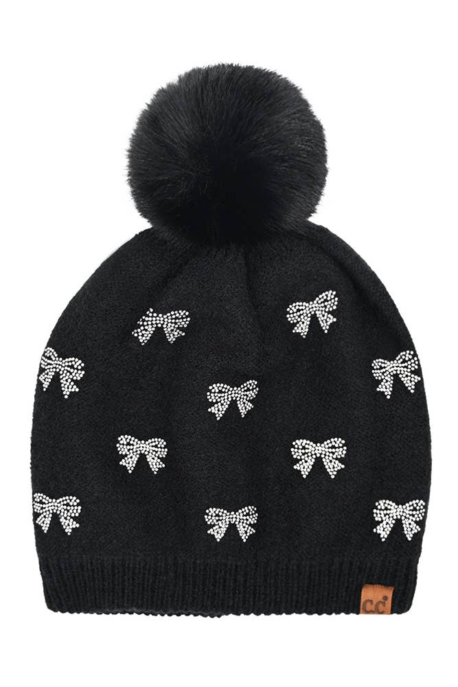 Hana: C.C. Pom Pom Beanie With Rhinestone Bows in Black