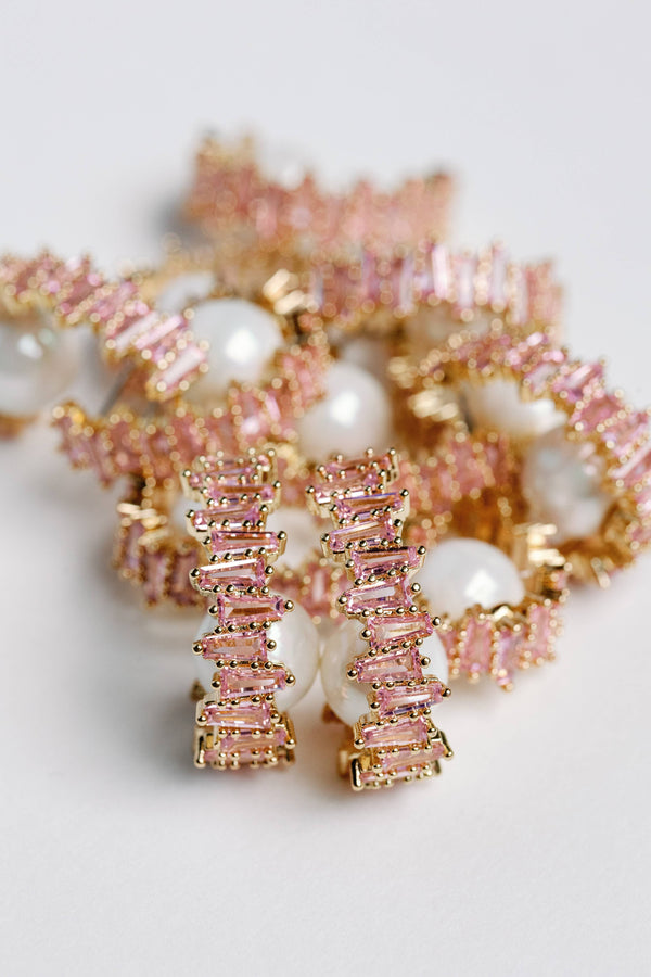 St Armands Designs of Sarasota - Pink Rhinestone and Pearl Statement Hoop Earrings