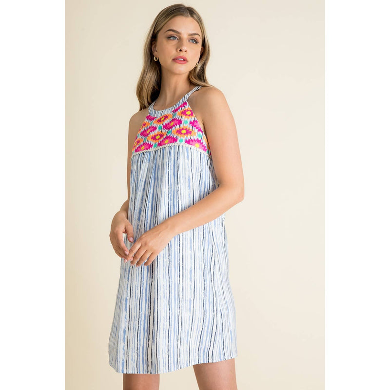 THML - Stripe Embroidered Halter Dress: