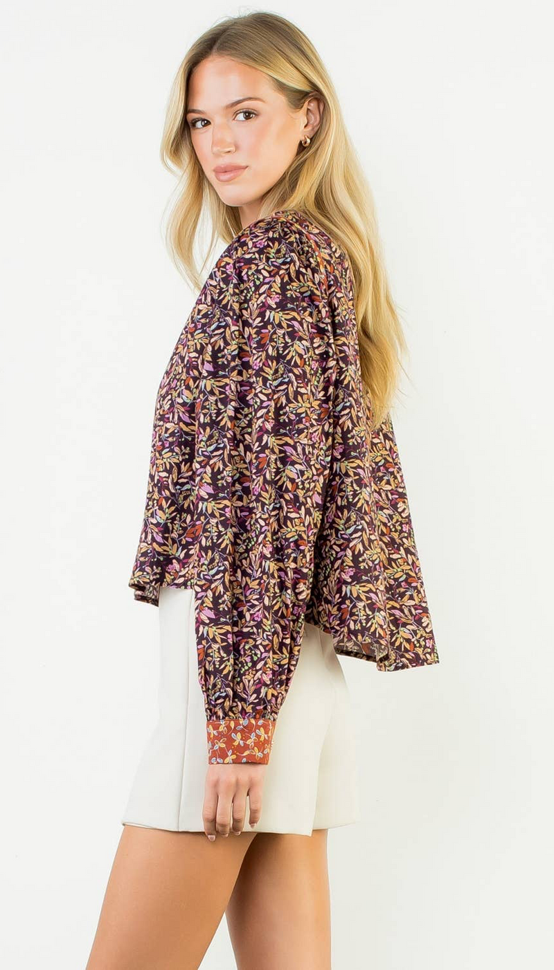 THML:  Leaf Print Band Collar Long Sleeve Blouse