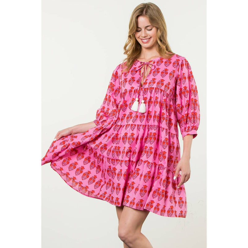 THML - 3/4  Sleeve Pink Flower Print Dress