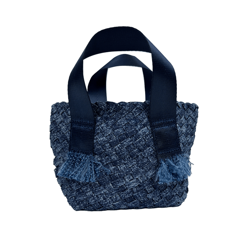 AHDORNED - Dora Small Woven Denim Tote w/ Crossbody Strap: Dark Denim w/ Black Handles