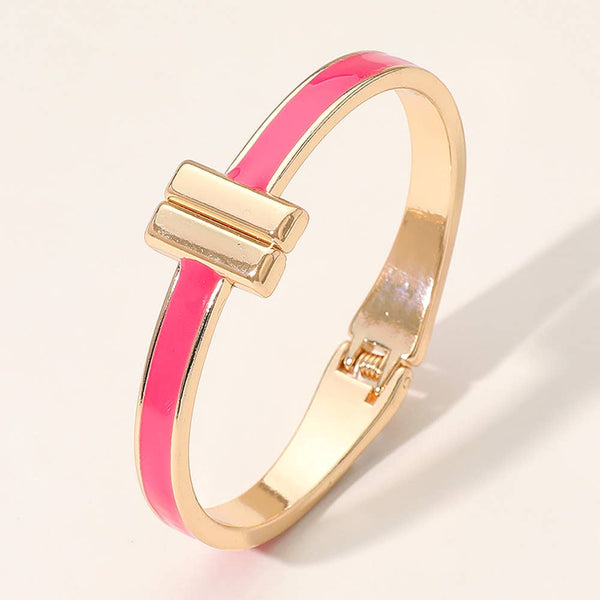 Sensibling Corp: Metal Bar Tip Enamel Hinged Bangle Bracelet in Fuschia