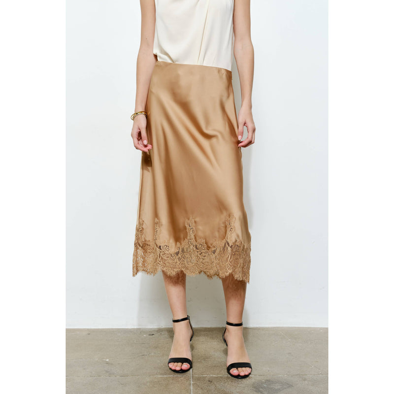 INA - Classic Silky with Lace Hem Midi Skirt: WINE