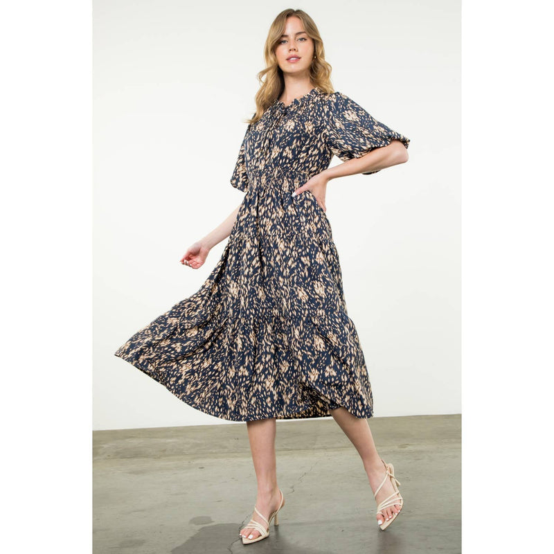 THML - Puff Sleeve Print Tiered Maxi Dress: NAVY