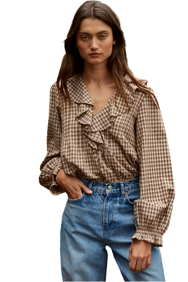 By Together: Woven Cotton Gingham Ruffled Blouse