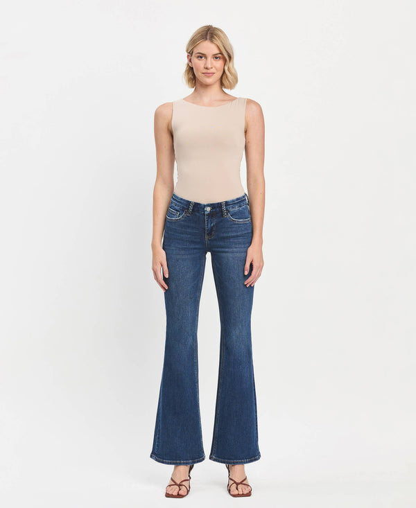 FLYING MONKEY - LOW RISE BRAIDED BELT LOOP FLARE DARK WASH JEANS