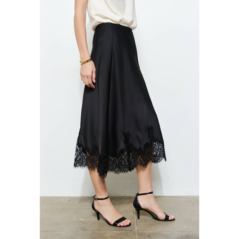INA - Classic Silky with Lace Hem Midi Skirt: WINE
